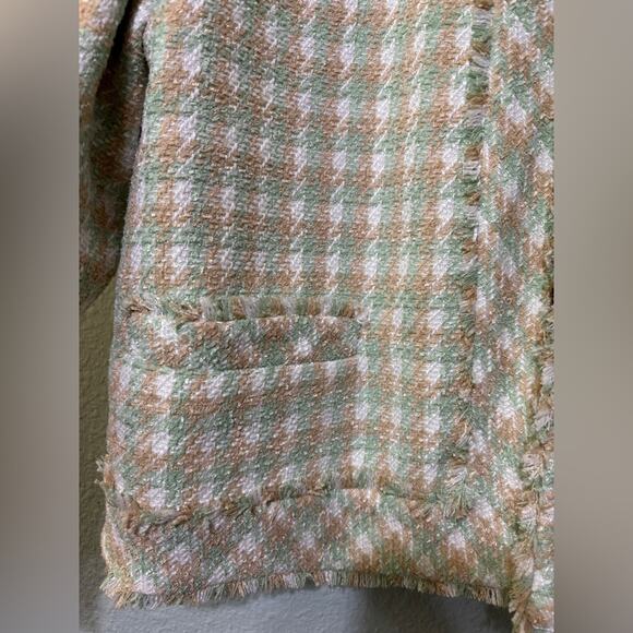 Ann Taylor NWT Mint Green, White & Tan Tweed Fringe Trim Jacket 16 - Picture 3 of 6
